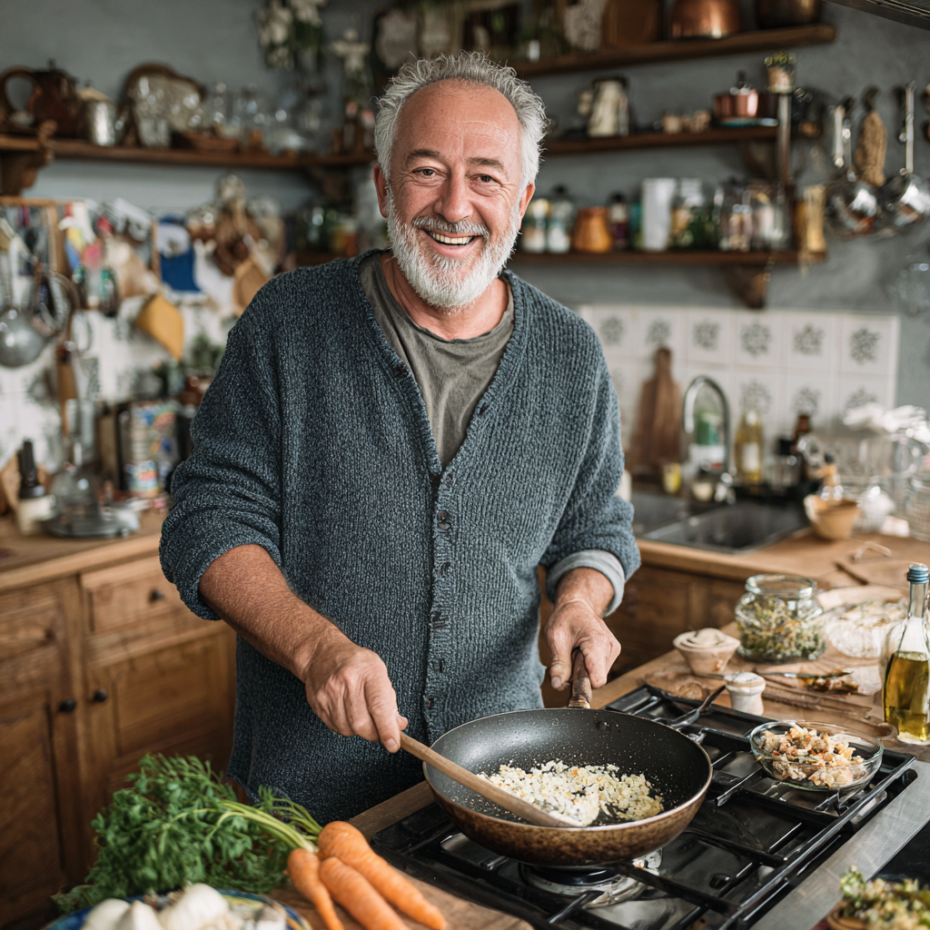 Чоловік 58 років на кухні готує здорову страву за персональним рецептом, усміхається і демонструє задоволення від процесу готування