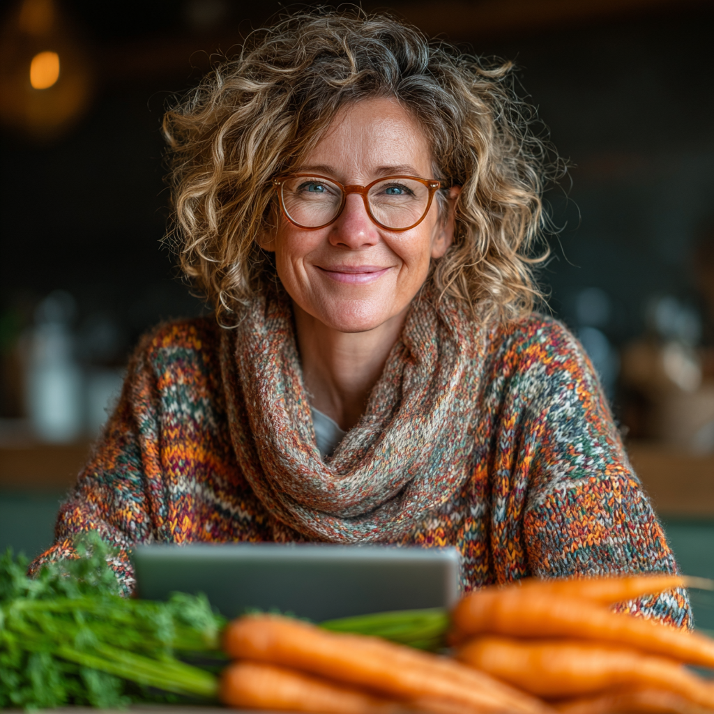 Привітна жінка 52 років сидить за столом з здоровою їжею і планшетом, посміхається і демонструє задоволення від користування сервісом планування харчування