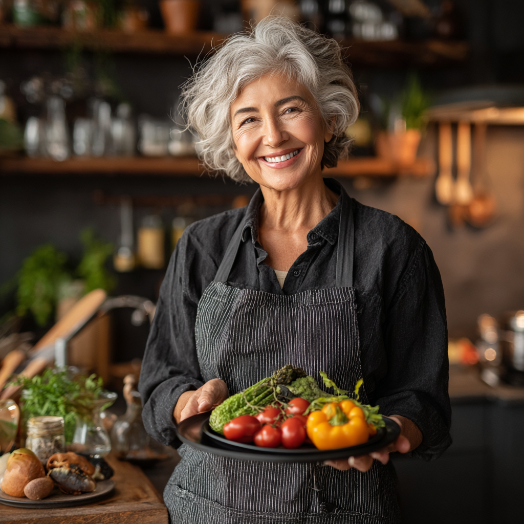 Усміхнена жінка 55 років тримає тарілку зі здоровою їжею на кухні, демонструючи радість від правильного харчування